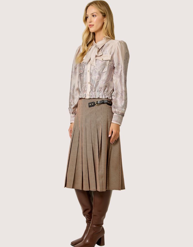 MYSTREE Pleated Checket Long Skirt Light Brick