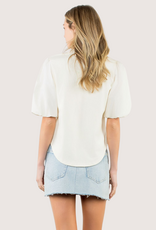 THML Ivory Ruffle Trim Poplin Puff Sleeve Top