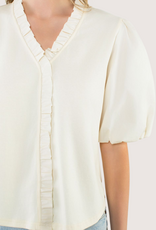 THML Ivory Ruffle Trim Poplin Puff Sleeve Top