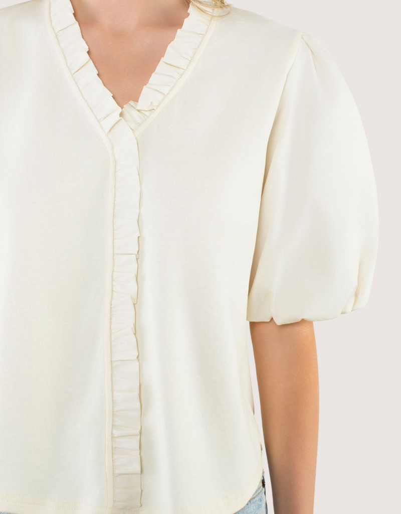 THML Ivory Ruffle Trim Poplin Puff Sleeve Top