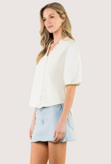 THML Ivory Ruffle Trim Poplin Puff Sleeve Top