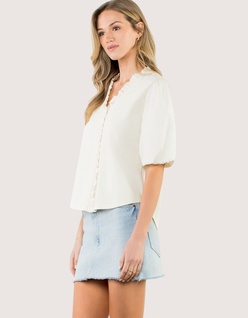 THML Ivory Ruffle Trim Poplin Puff Sleeve Top