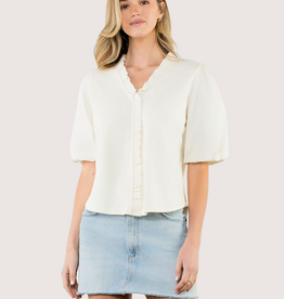 THML Ivory Ruffle Trim Poplin Puff Sleeve Top