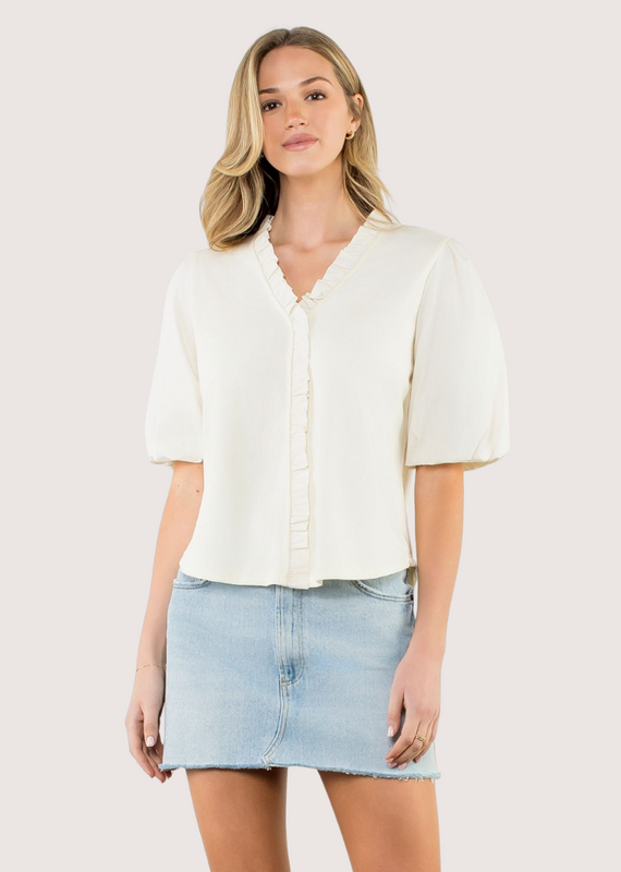 THML Ivory Ruffle Trim Poplin Puff Sleeve Top