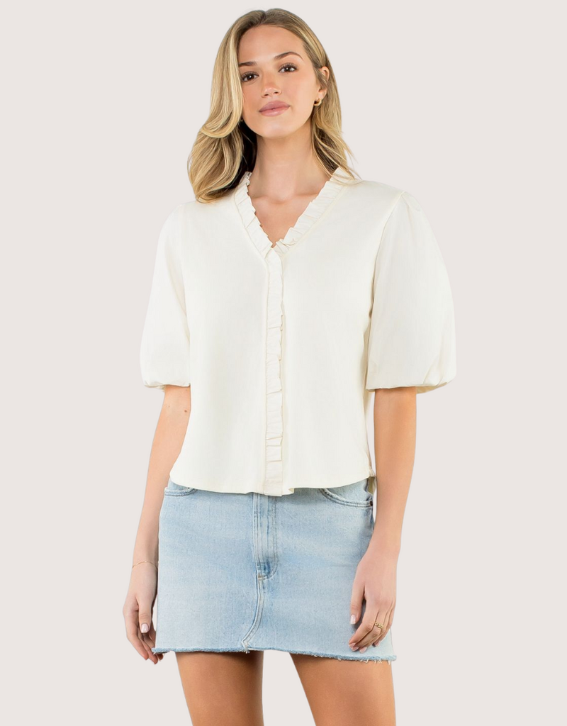 THML Ivory Ruffle Trim Poplin Puff Sleeve Top