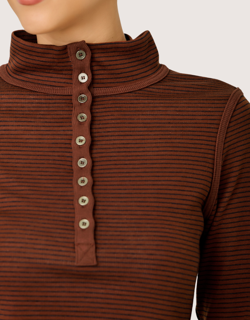MYSTREE High Neck Pin Stripe Henley W/ Thumb Hole