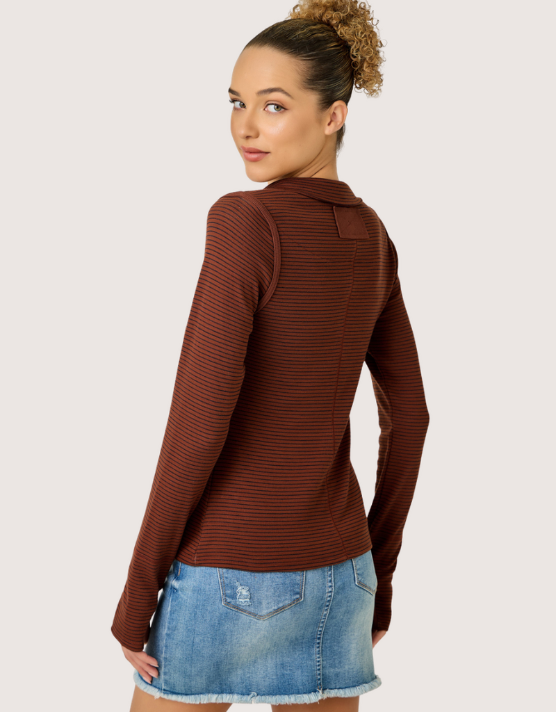 MYSTREE High Neck Pin Stripe Henley W/ Thumb Hole