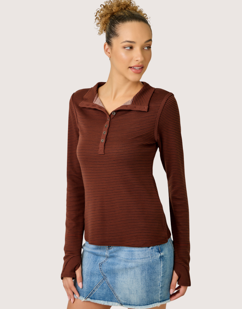 MYSTREE High Neck Pin Stripe Henley W/ Thumb Hole