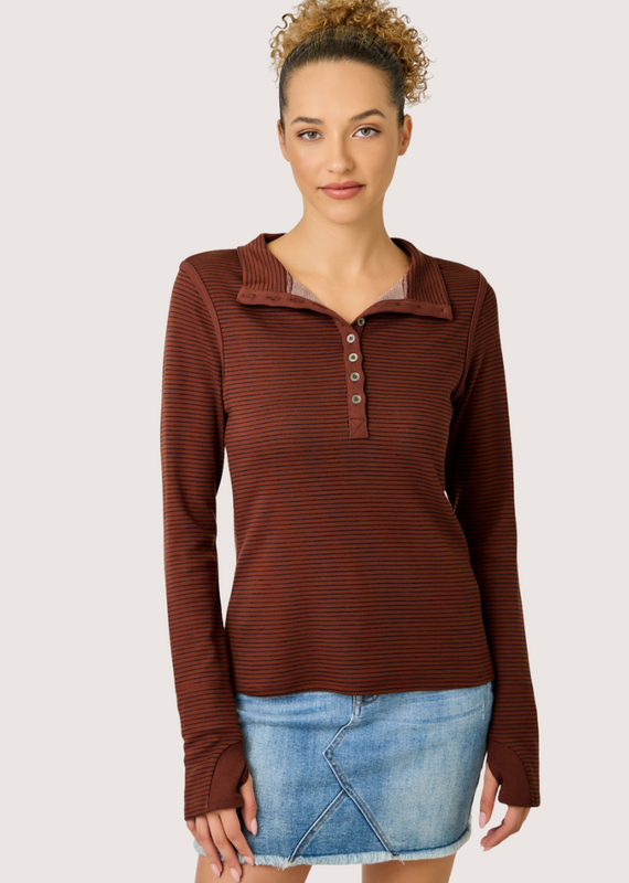 MYSTREE High Neck Pin Stripe Henley W/ Thumb Hole