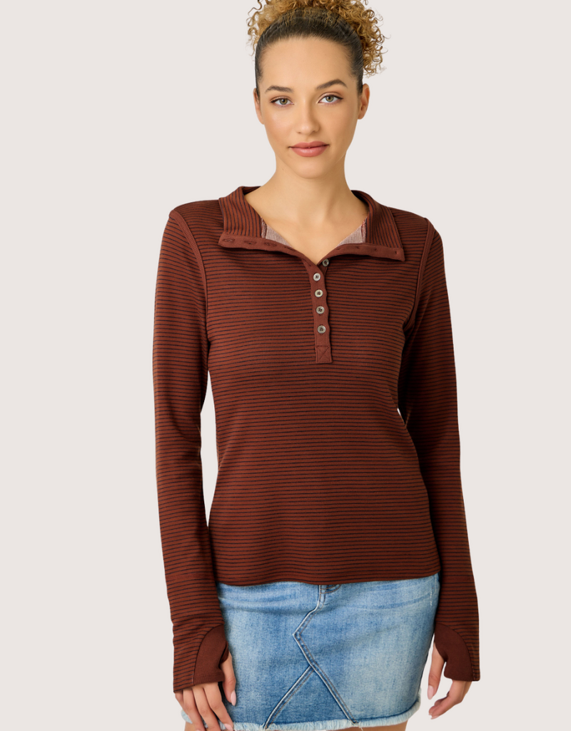 MYSTREE High Neck Pin Stripe Henley W/ Thumb Hole