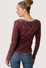 MYSTREE Henley Washed Brush Ribbed Top Washed Burgundy