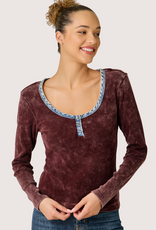 MYSTREE Henley Washed Brush Ribbed Top Washed Burgundy