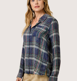MYSTREE Washed Plaid Button Down Midnight Blue