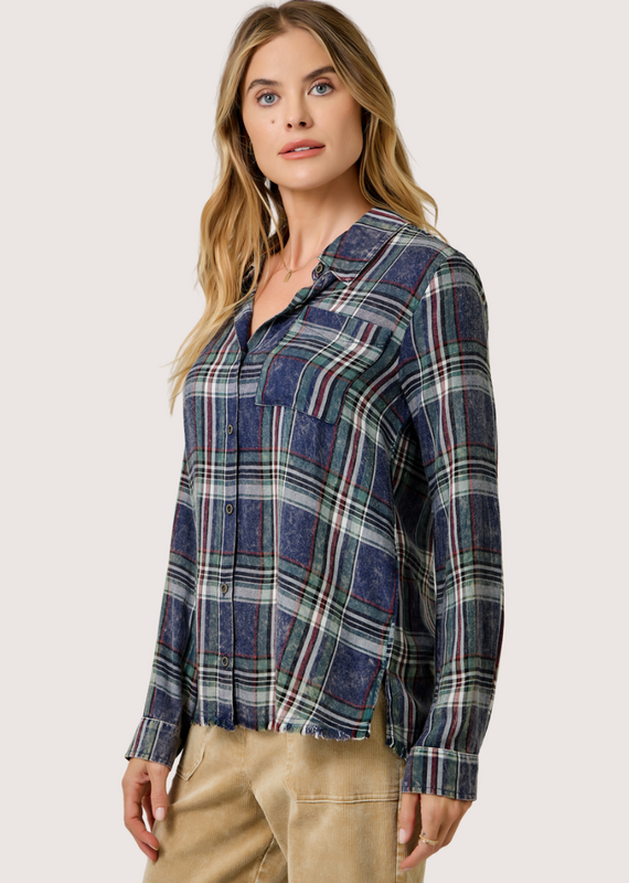 MYSTREE Washed Plaid Button Down Midnight Blue