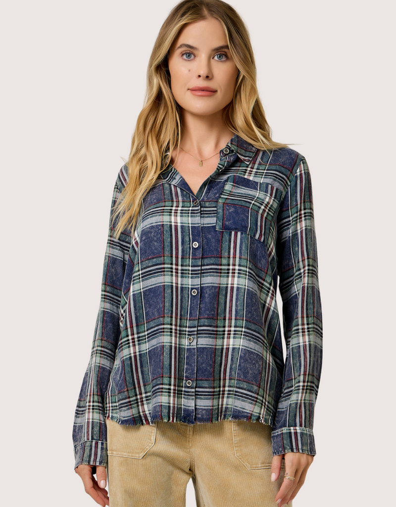 MYSTREE Washed Plaid Button Down Midnight Blue