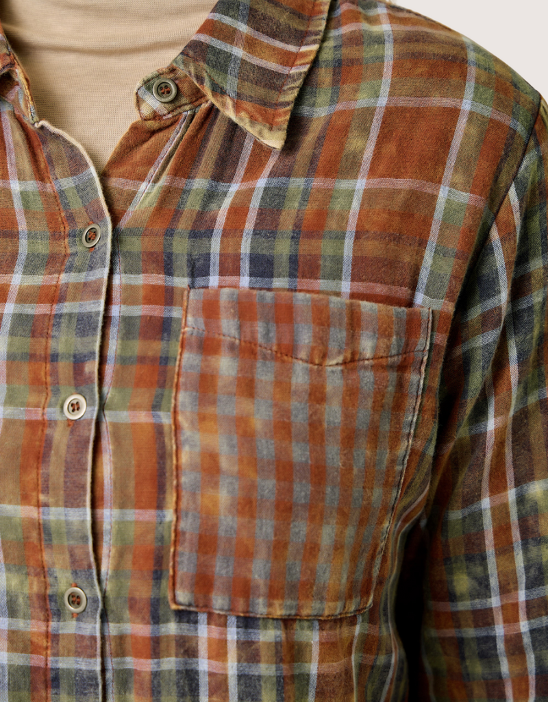 MYSTREE Fringe Bottom Detail Washed Plaid Shirt Amber