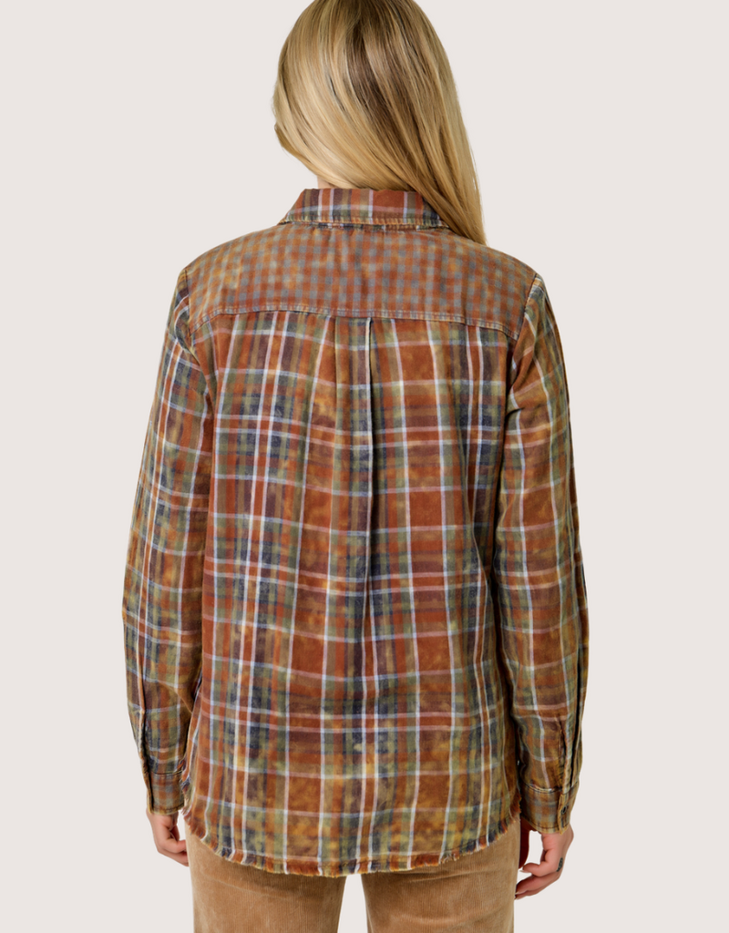 MYSTREE Fringe Bottom Detail Washed Plaid Shirt Amber