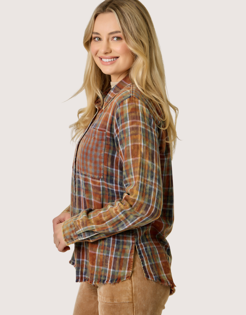 MYSTREE Fringe Bottom Detail Washed Plaid Shirt Amber