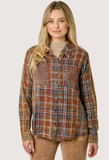 MYSTREE Fringe Bottom Detail Washed Plaid Shirt Amber