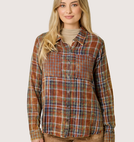 MYSTREE Fringe Bottom Detail Washed Plaid Shirt Amber