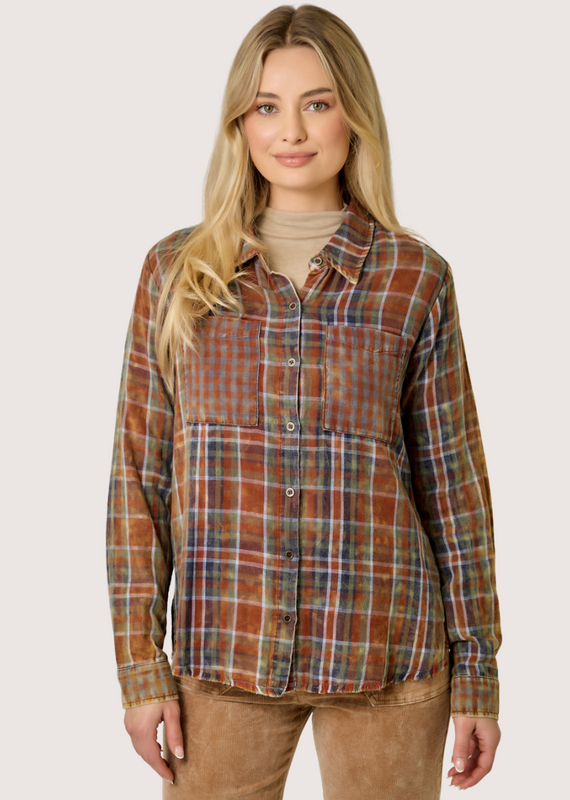 MYSTREE Fringe Bottom Detail Washed Plaid Shirt Amber
