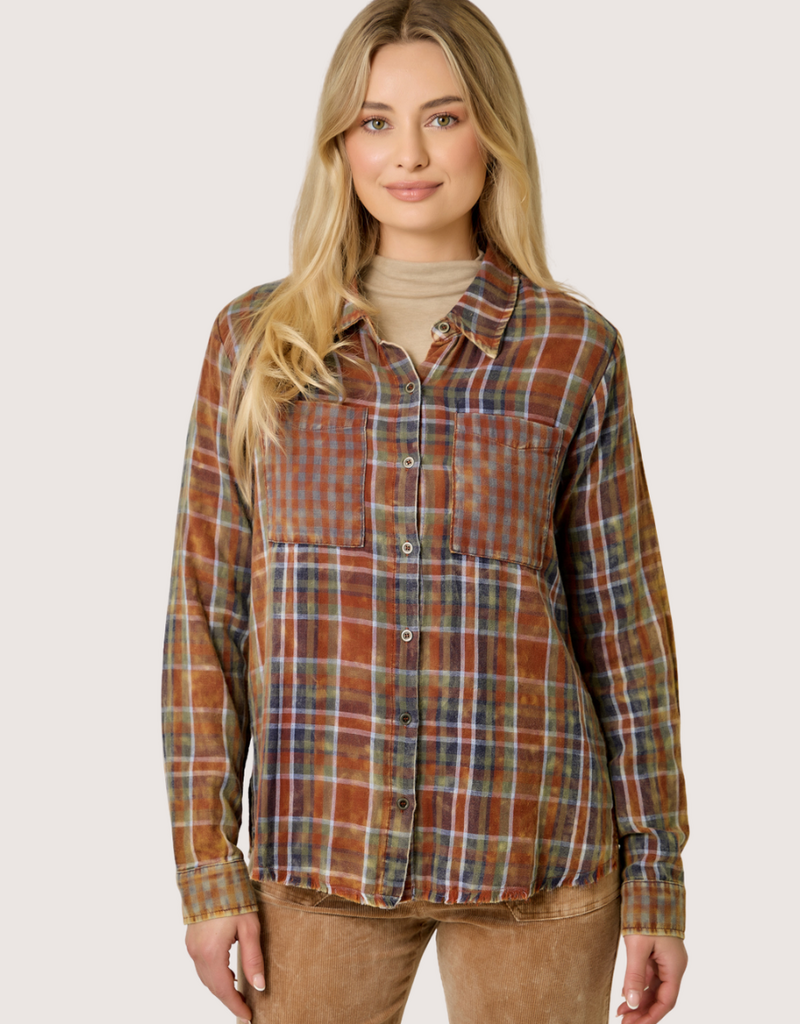 MYSTREE Fringe Bottom Detail Washed Plaid Shirt Amber