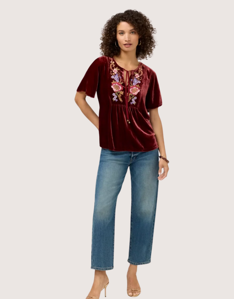 JOHNNY WAS Velvet Yoke Blouse - Aerus Mineral Red
