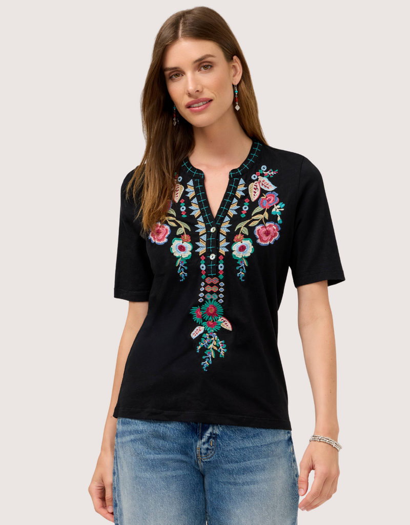 JOHNNY WAS Henley Knit Tee Isolei - Black