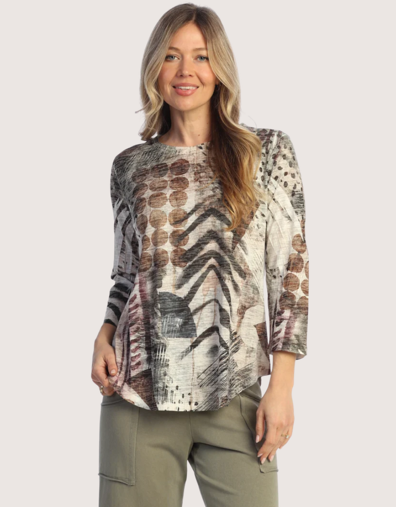 JESS & JANE Nomadic Burnout 3/4 Sleeve Tunic Top with Round Hem