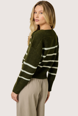MYSTREE Shoulder Button Stripe Sweater Olive and Ivory
