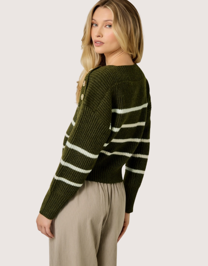 MYSTREE Shoulder Button Stripe Sweater Olive and Ivory