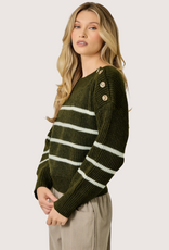MYSTREE Shoulder Button Stripe Sweater Olive and Ivory