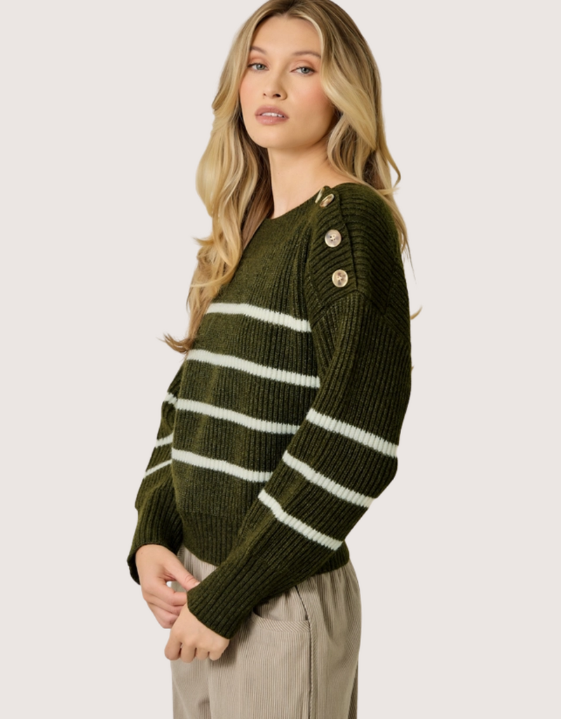 MYSTREE Shoulder Button Stripe Sweater Olive and Ivory