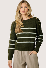 MYSTREE Shoulder Button Stripe Sweater Olive and Ivory