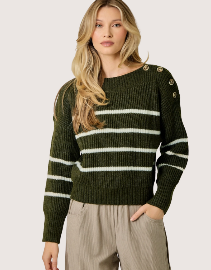 MYSTREE Shoulder Button Stripe Sweater Olive and Ivory