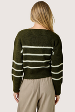MYSTREE Shoulder Button Stripe Sweater Olive and Ivory