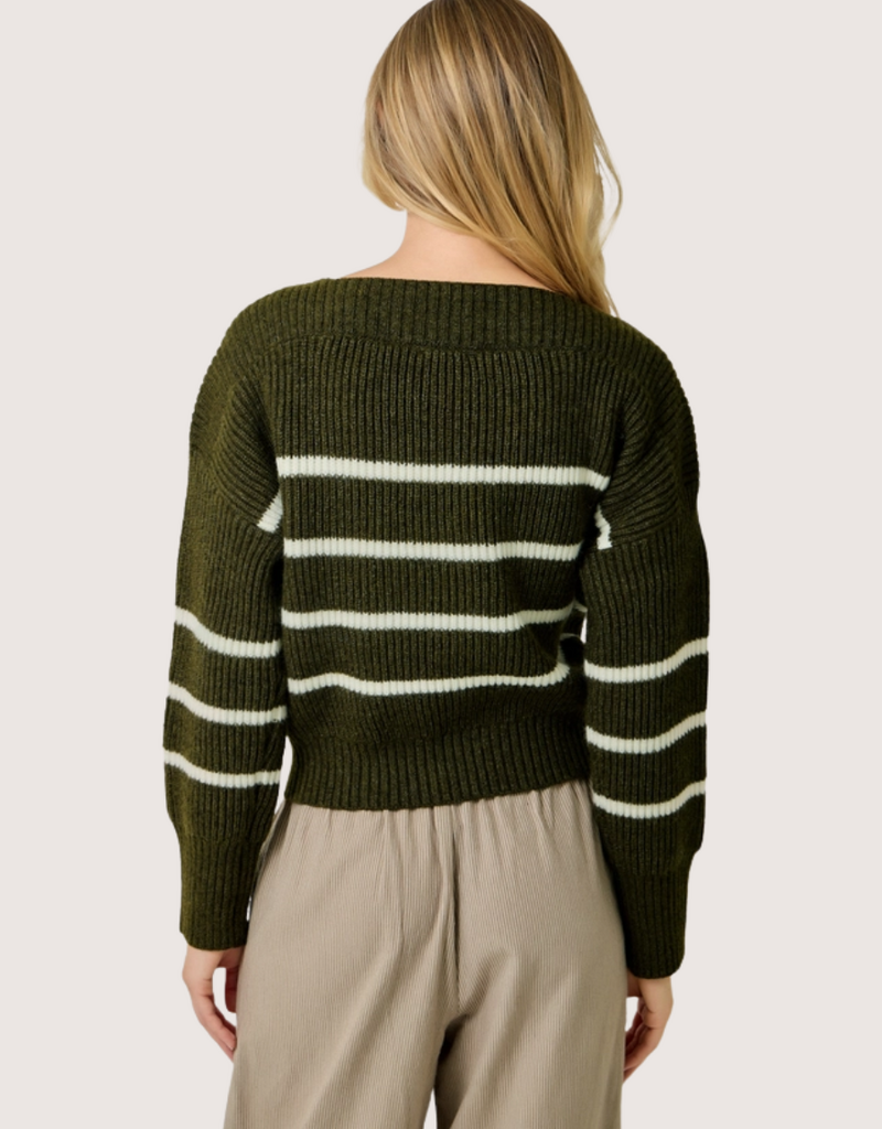 MYSTREE Shoulder Button Stripe Sweater Olive and Ivory