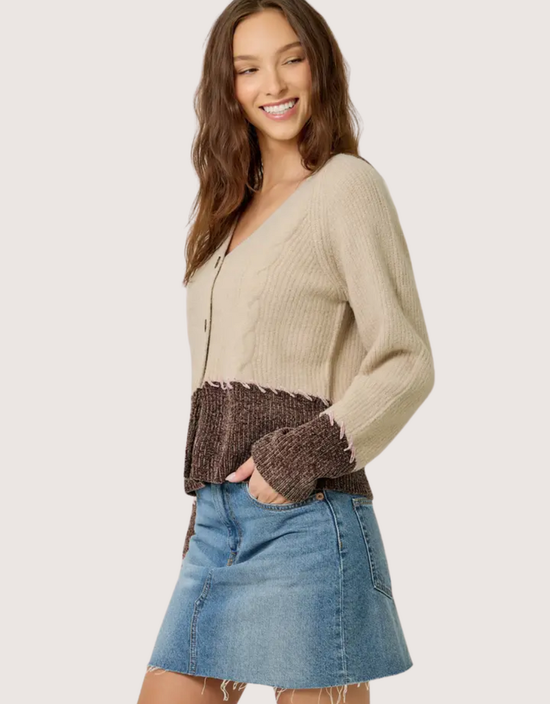 MYSTREE Whip Stitch Color Block Cardigan Oatmeal and Chocolate