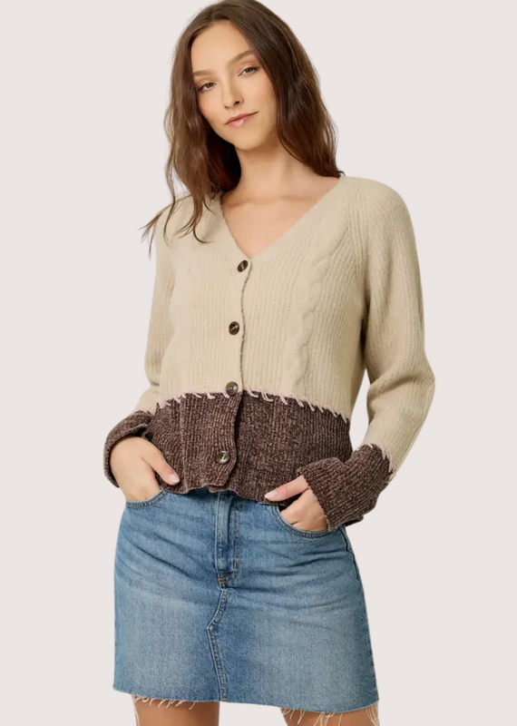 MYSTREE Whip Stitch Color Block Cardigan Oatmeal and Chocolate