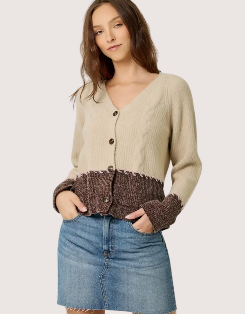 MYSTREE Whip Stitch Color Block Cardigan Oatmeal and Chocolate