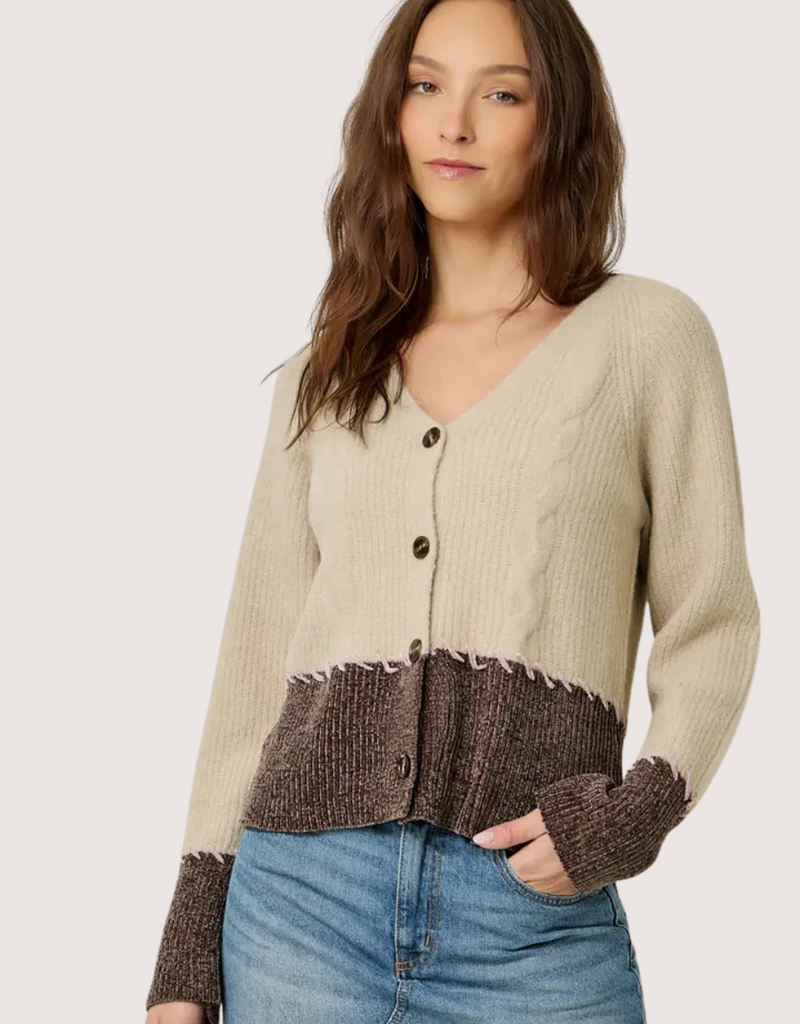 MYSTREE Whip Stitch Color Block Cardigan Oatmeal and Chocolate