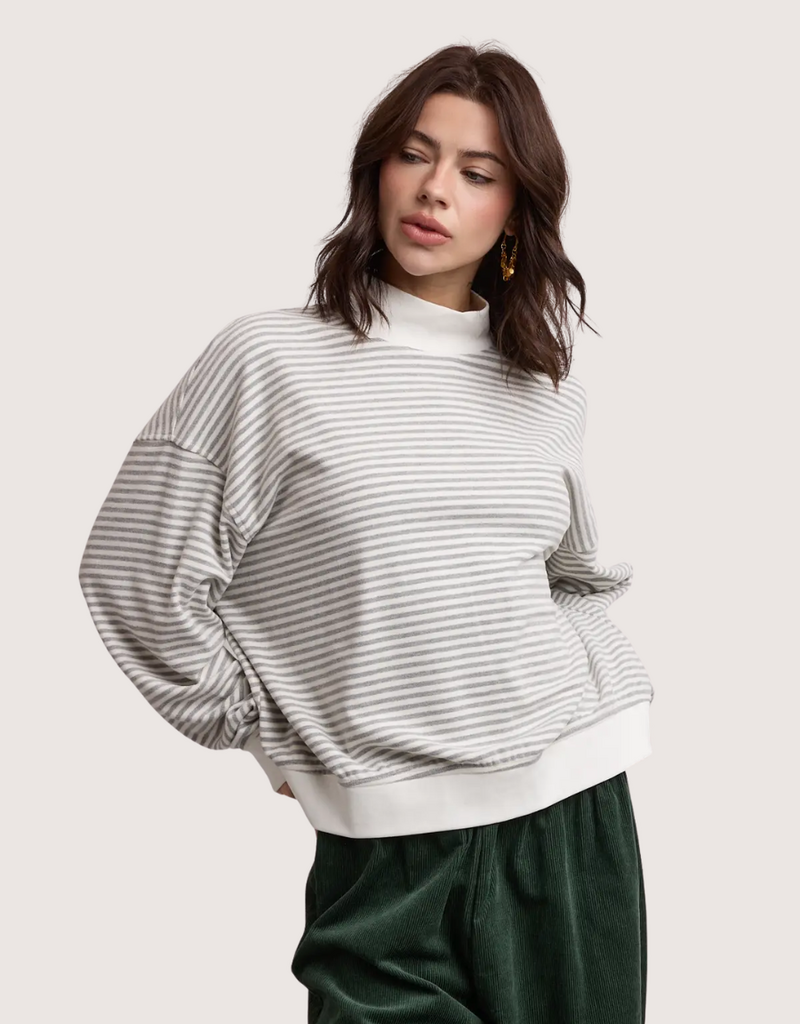 WISHLIST Striped Mock Neck Long Sleeve Knit Top White/Grey