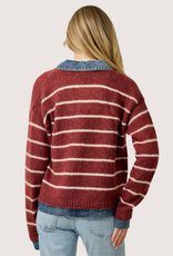 MYSTREE Striped Denim Hem Sweater Jacket Chili