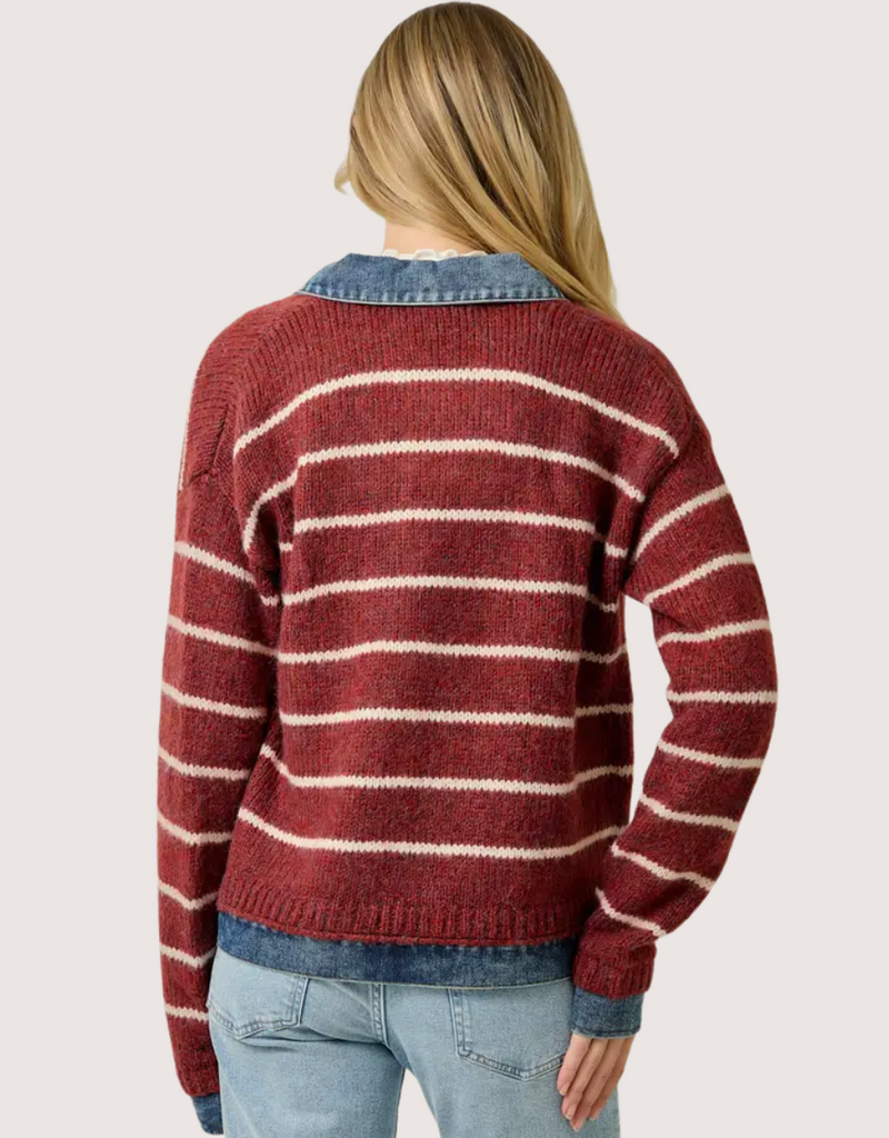 MYSTREE Striped Denim Hem Sweater Jacket Chili