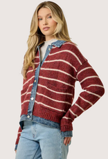 MYSTREE Striped Denim Hem Sweater Jacket Chili