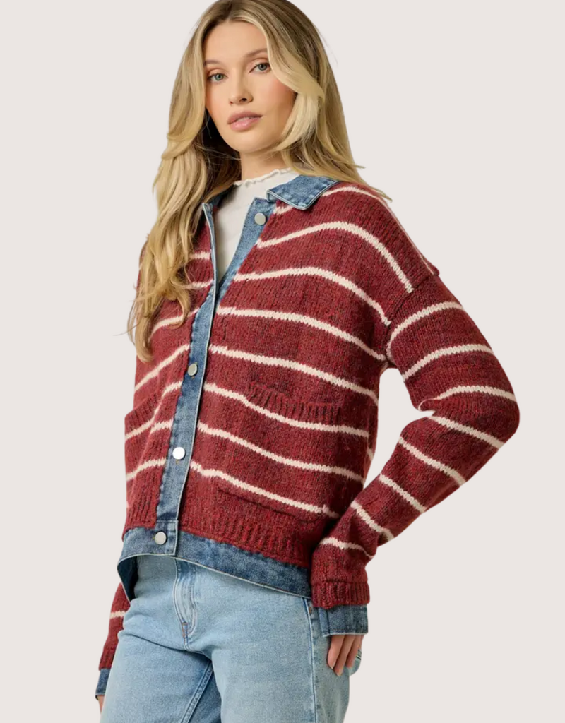 MYSTREE Striped Denim Hem Sweater Jacket Chili