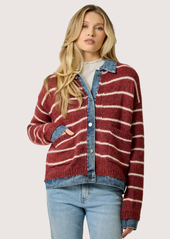 MYSTREE Striped Denim Hem Sweater Jacket Chili