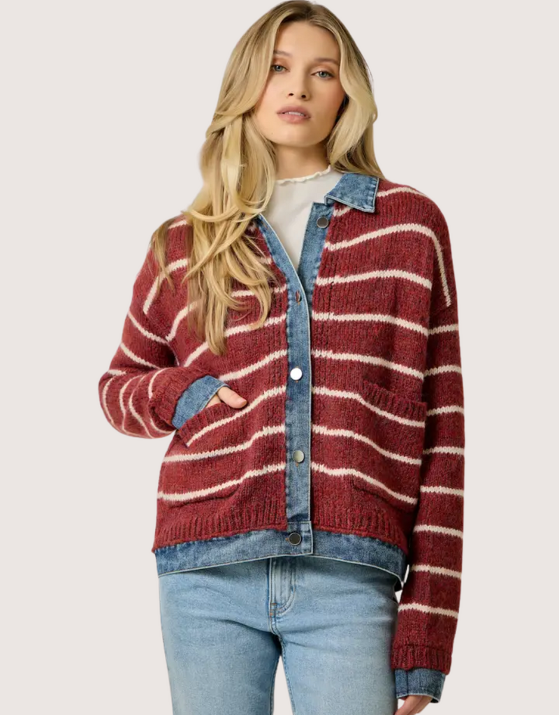MYSTREE Striped Denim Hem Sweater Jacket Chili