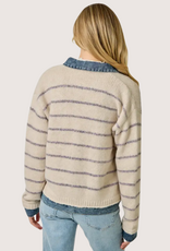 MYSTREE Striped Denim Hem Sweater Jacket Oatmeal