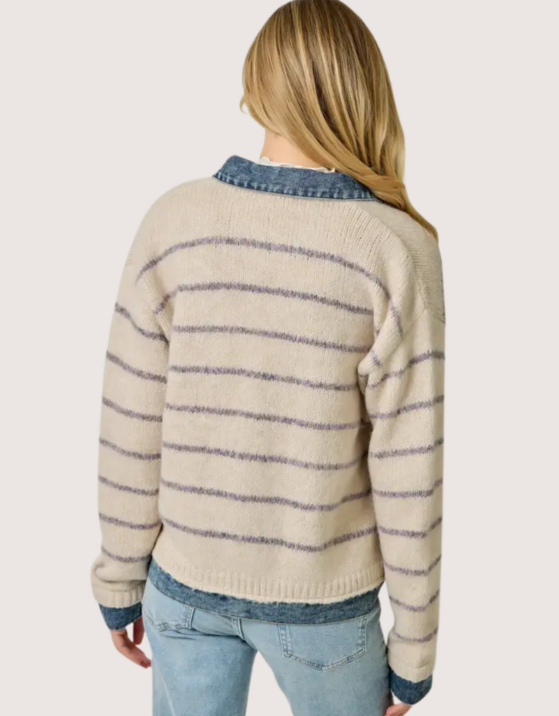 MYSTREE Striped Denim Hem Sweater Jacket Oatmeal